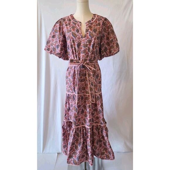 New Roller Rabbit Pink Floral Pasque Valonia Puff Sleeve Midi Dress XXS - Picture 5 of 9